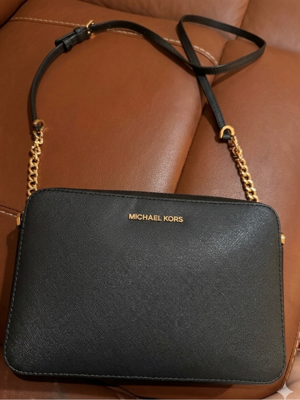 Michael Kors Black Saffiano Leather Crossbody with Gold Hardware